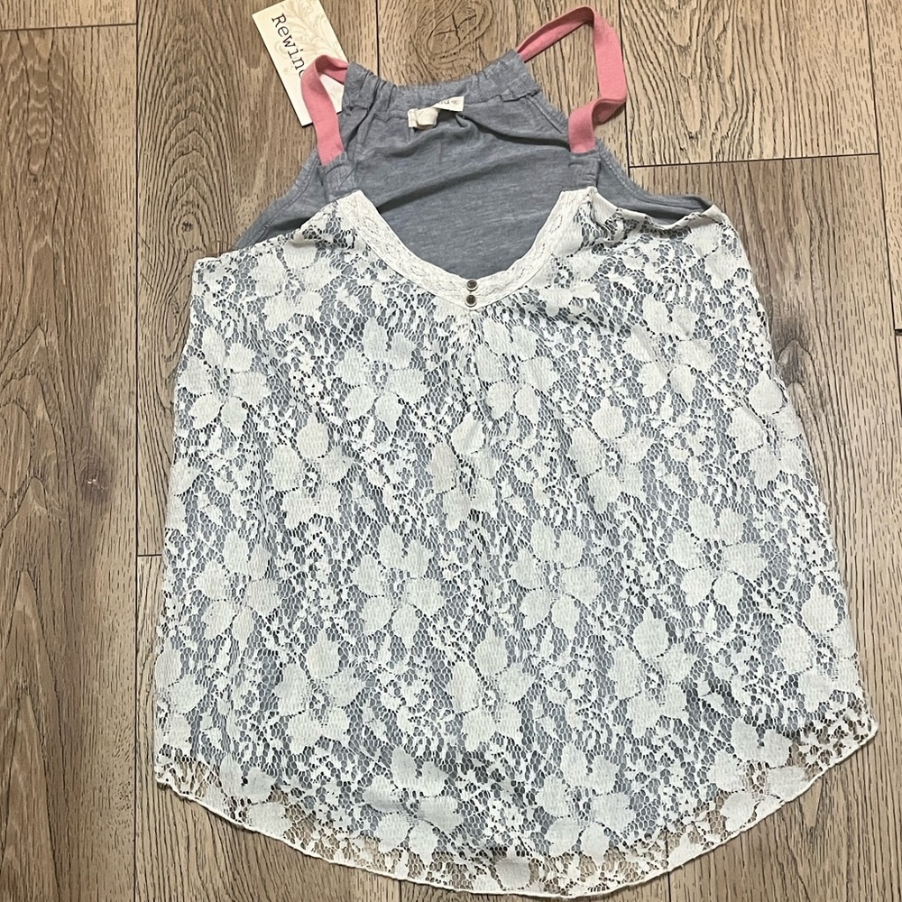 Rewind Gray Knit Camisole with White Lace Overlay and Pink Straps
